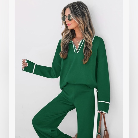 ZESICA 2 Piece Fall Outfits Long Sleeve V Neck Knit Sweater Tops Wide Leg Pants - Picture 2 of 5